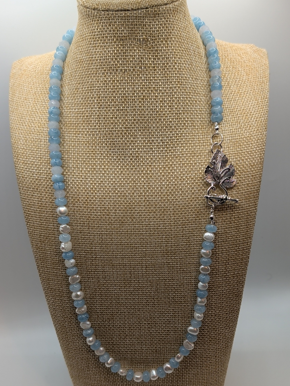 Light Blue Beaded Necklace with Silver Leaf Toggle